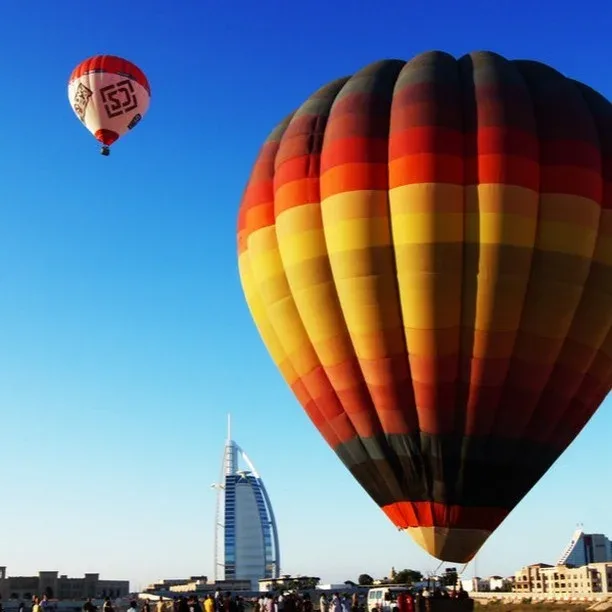 Hot air balloon ride over Dubai with Burj Al Arab skyline view
