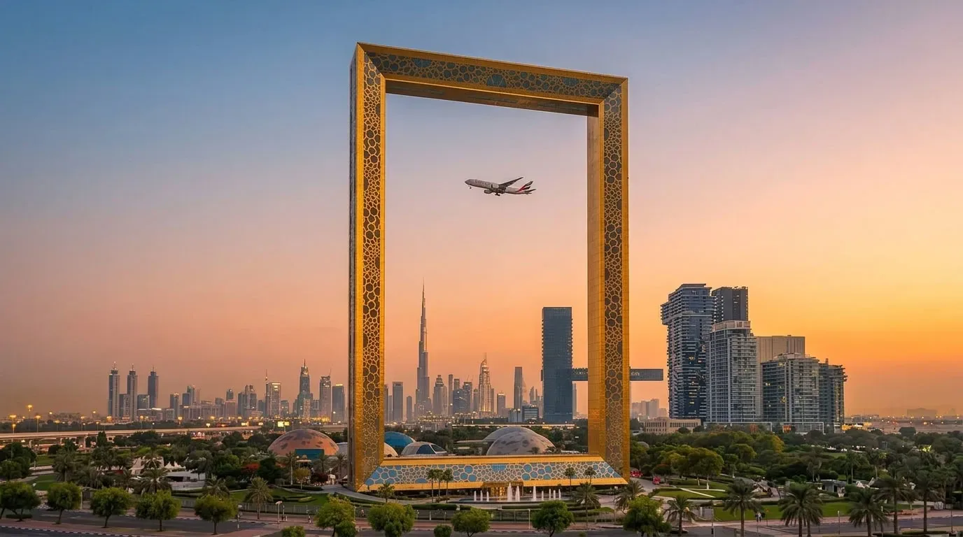 Dubai Frame with Dubai skyline and airplane at sunset