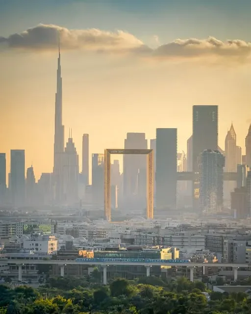 Dubai Frame with Burj Khalifa and city skyline in the morning light