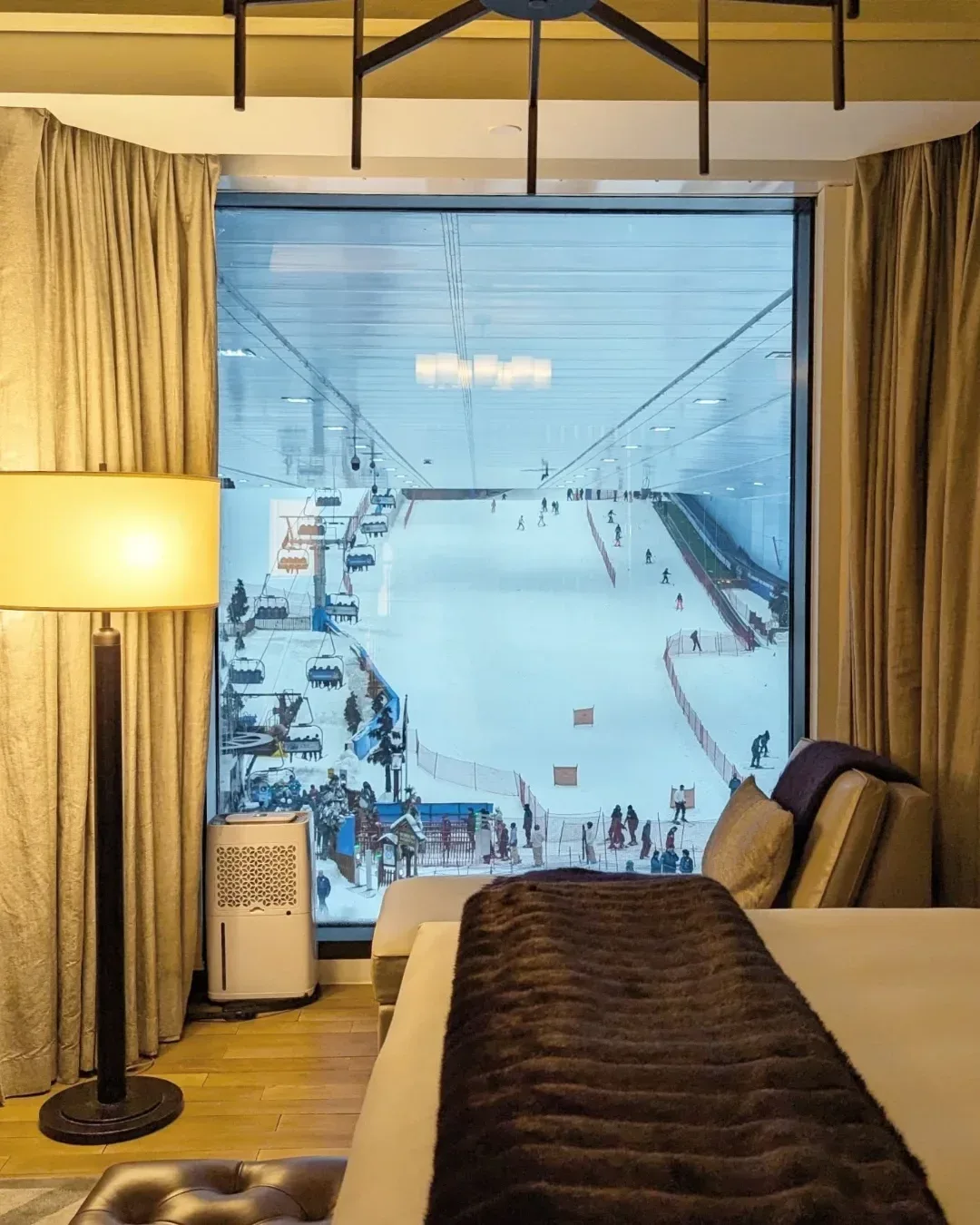 Luxury hotel room overlooking the indoor Ski Dubai snow slope
