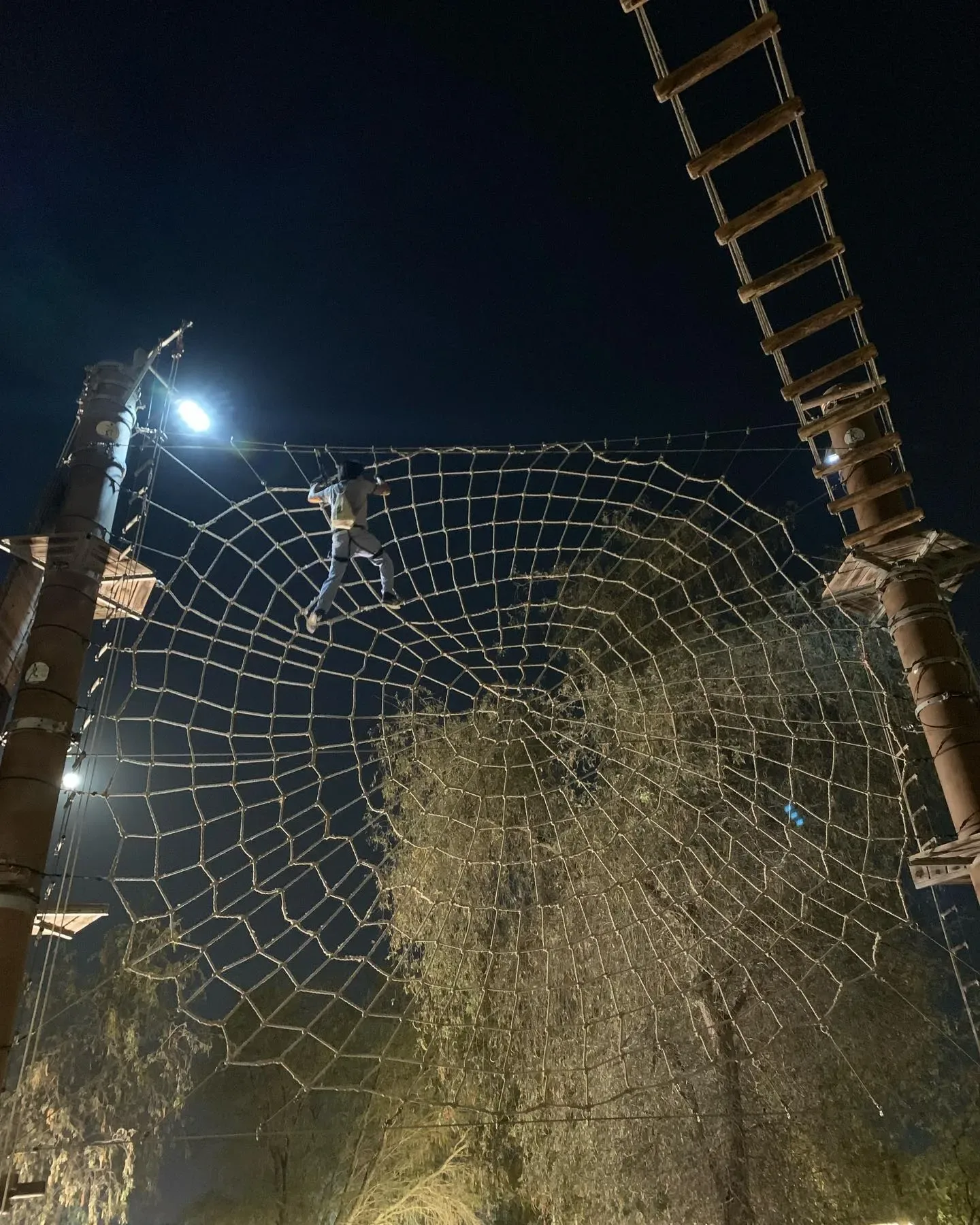 Night adventure course with rope climbing net at Aventura Parks Dubai