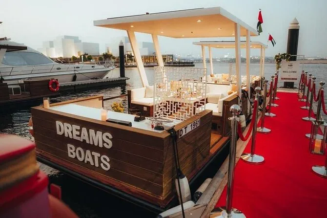 Dream Boats Floating Cafe boat at Al Jaddaf Waterfront Dubai with waterfront views