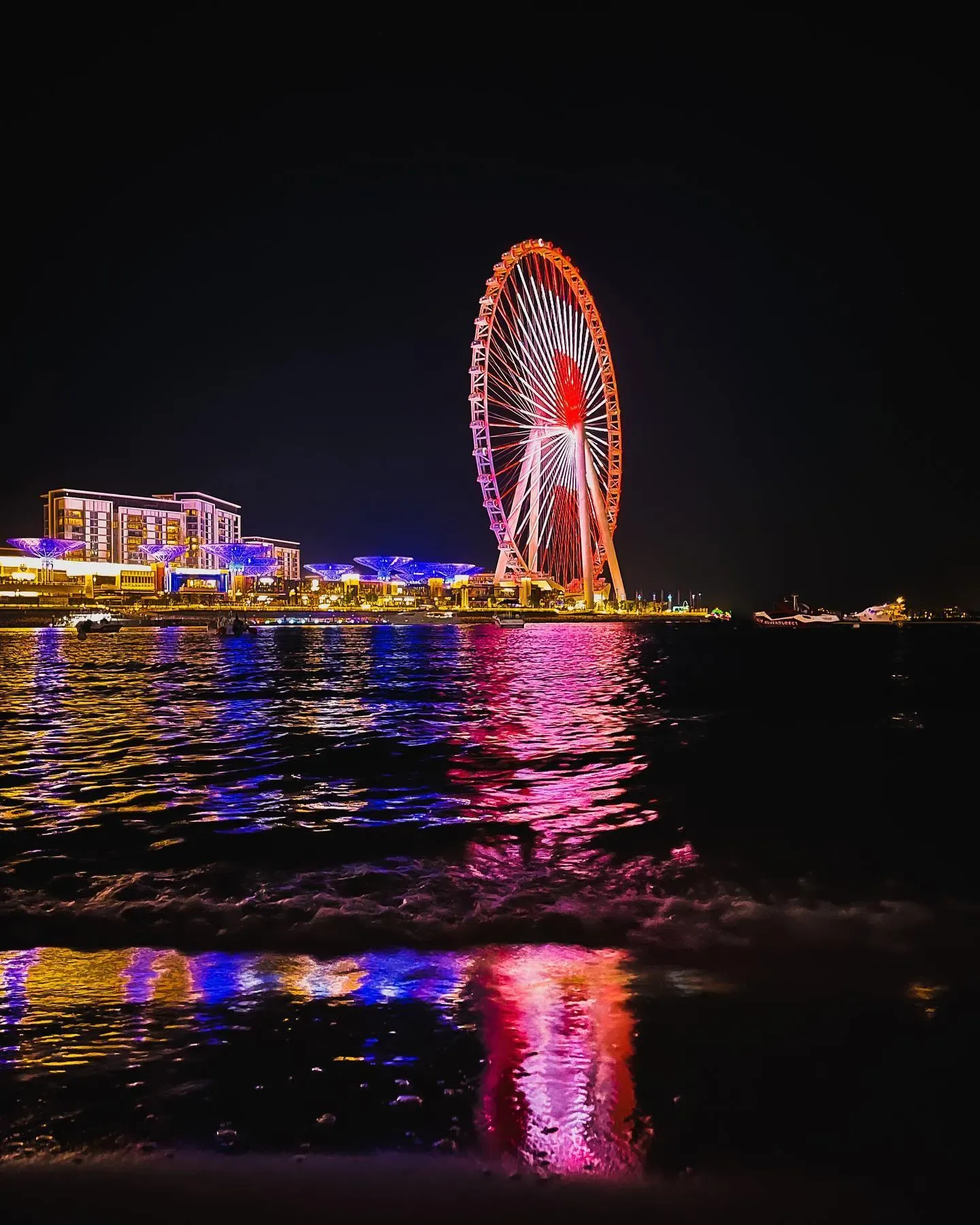 Ain Dubai Observation Wheel lit up with colorful lights overlooking Bluewaters Island
