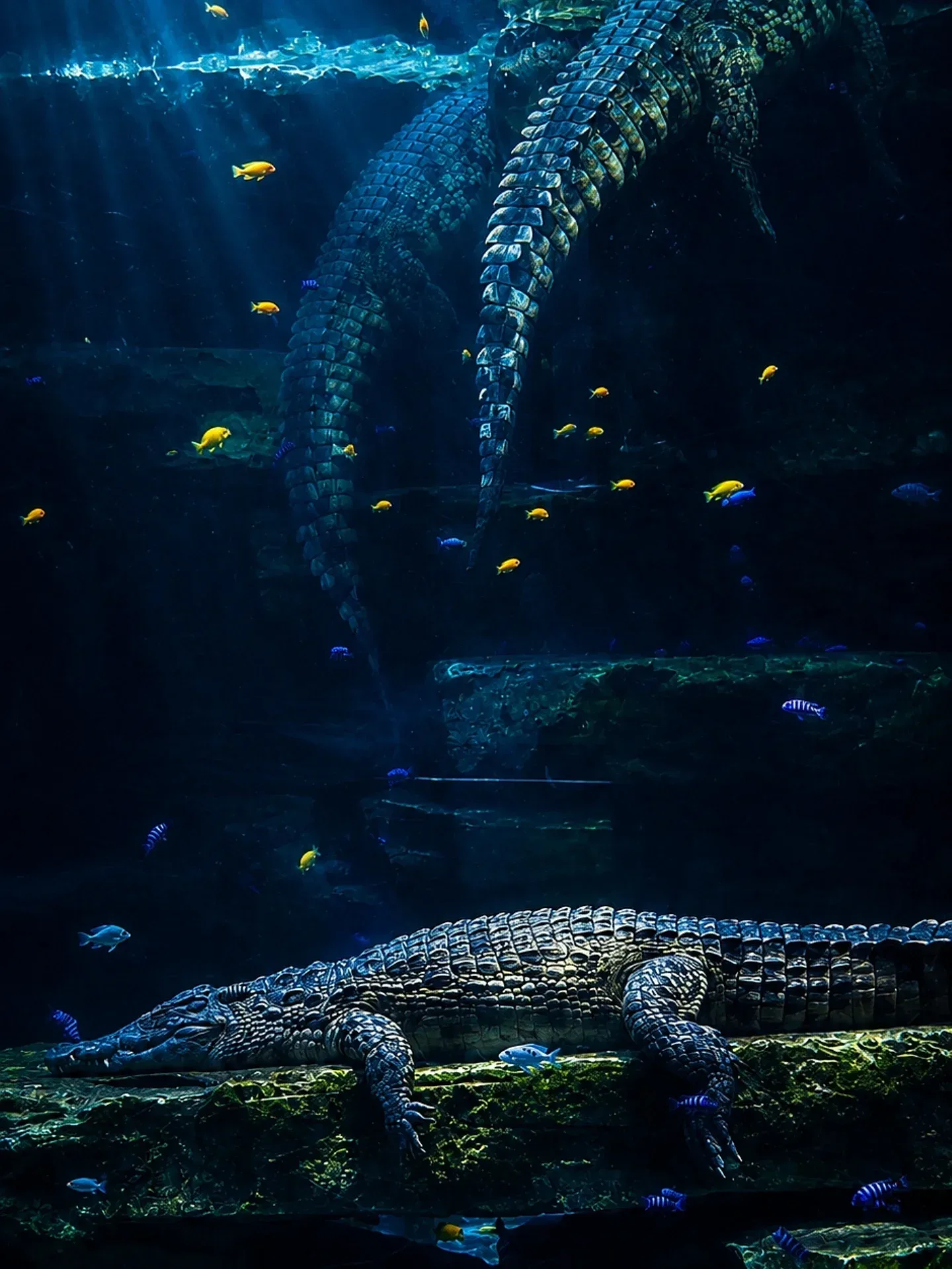Crocodile swimming underwater with fish at Dubai Crocodile Park aquarium