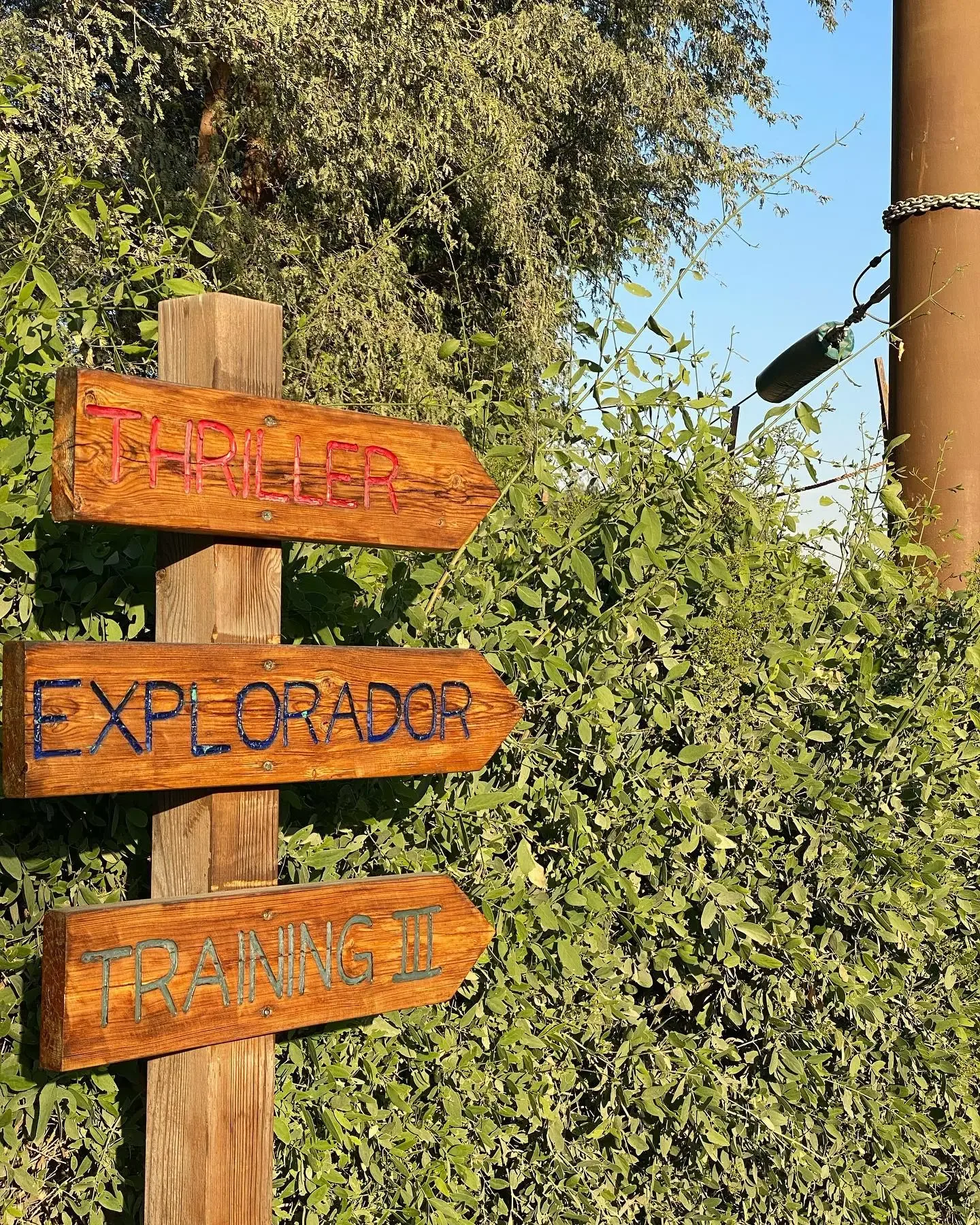 Wooden adventure course signs for Thriller, Explorador and Training II at Aventura Parks