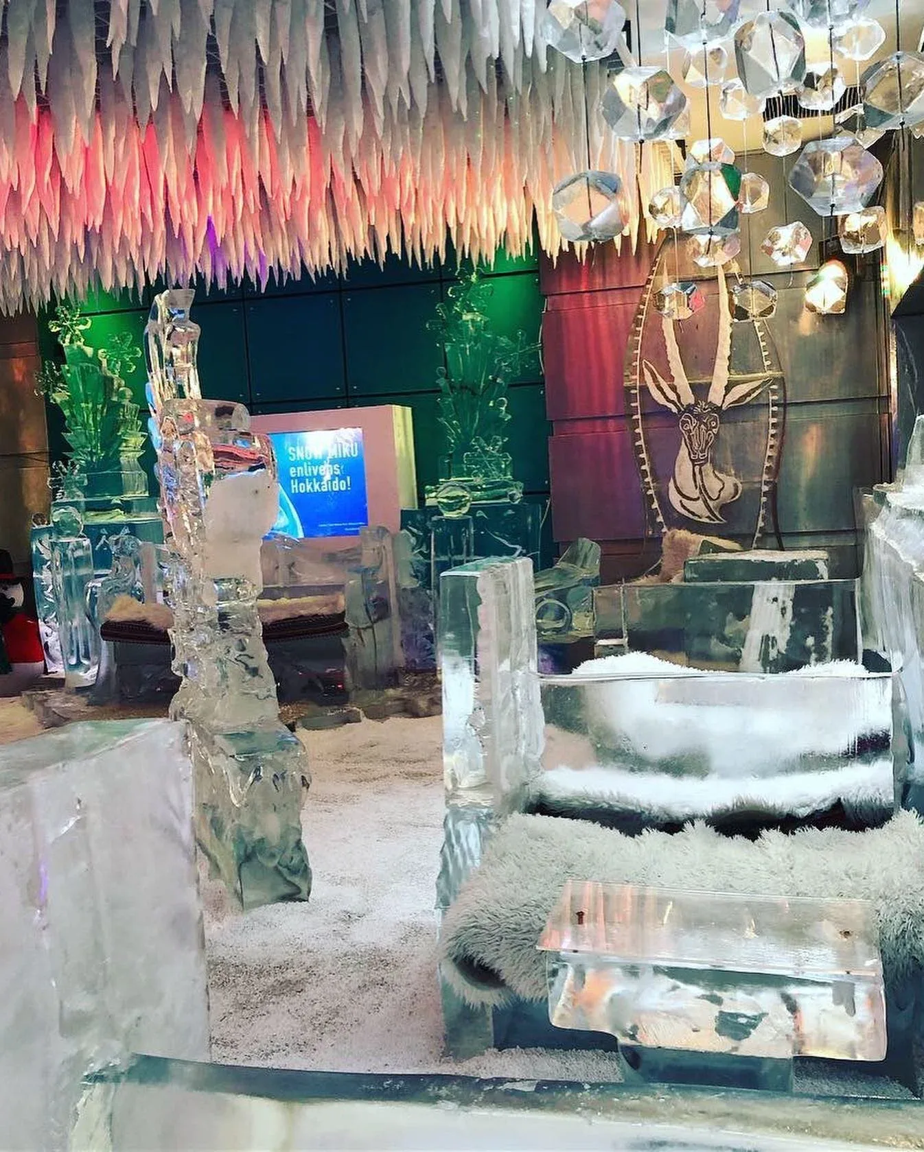 Chillout Ice Lounge Dubai interior with illuminated ice sculptures and frozen furniture