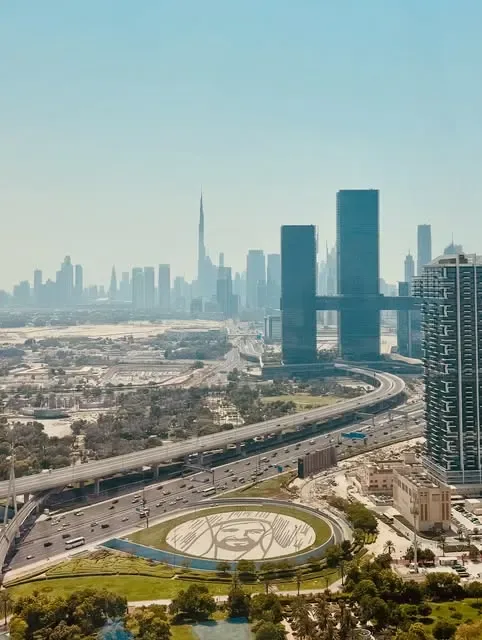 Aerial view of Dubai skyline and roads near Dubai Frame
