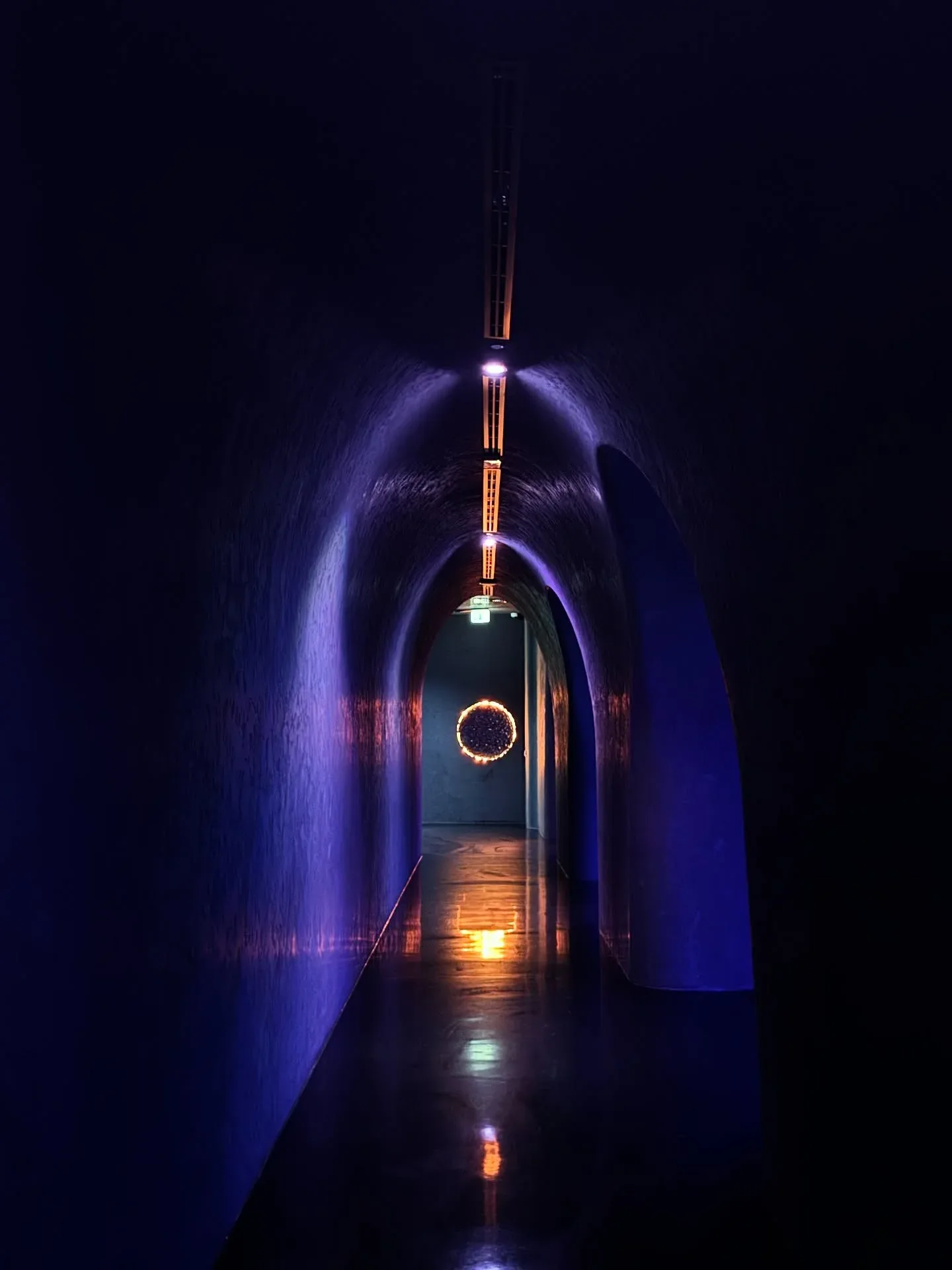 AYA Universe Dubai dark immersive tunnel with blue and purple lights and glowing circular installation