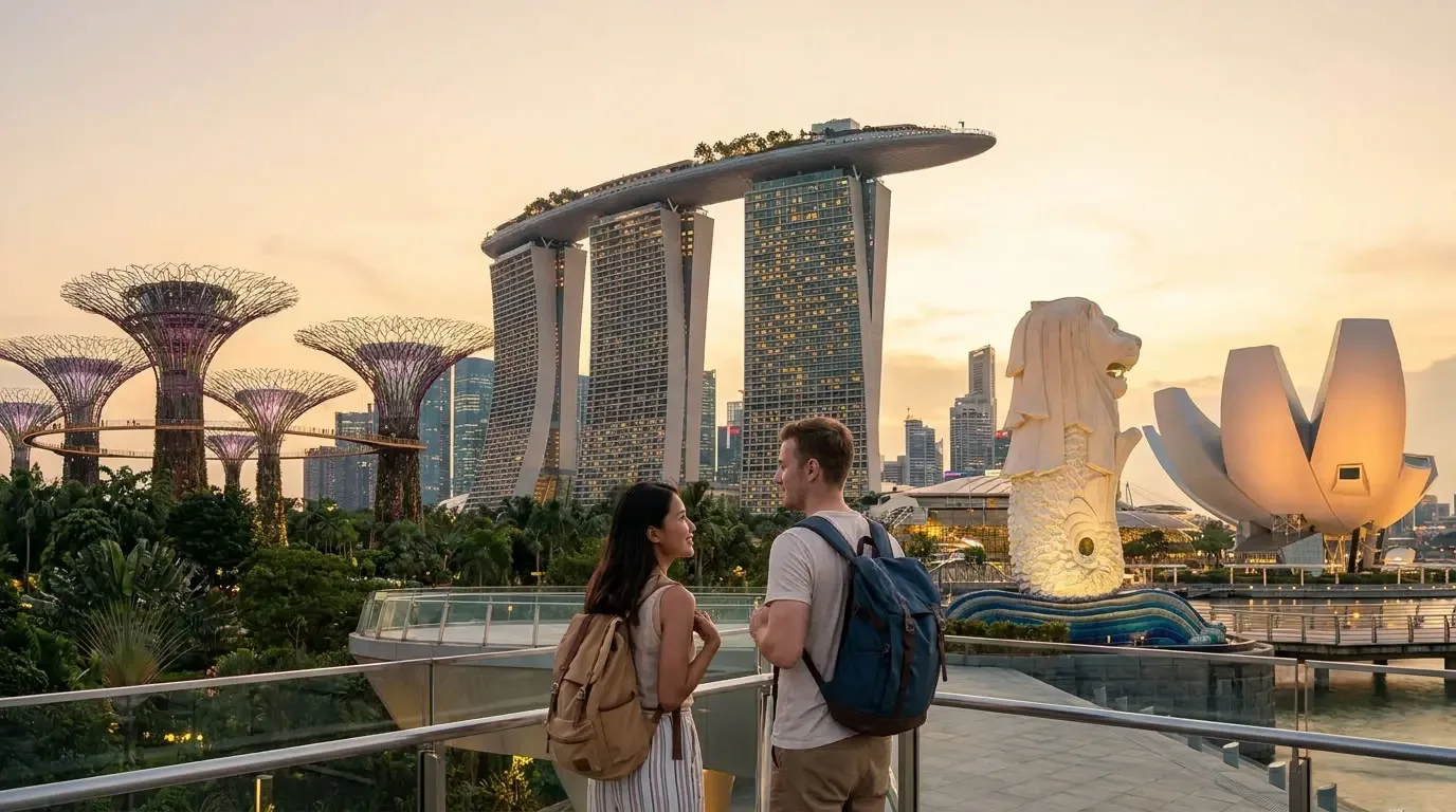 Singapore skyline with Marina Bay Sands, Gardens by the Bay and Merlion at sunset