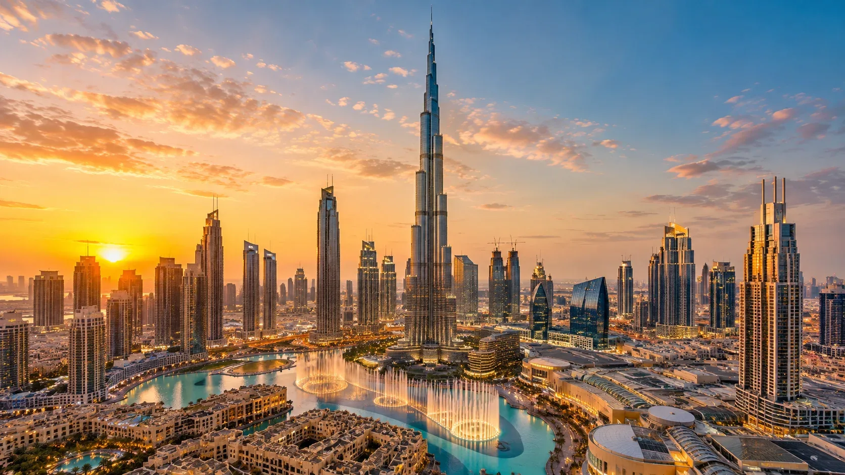 Dubai skyline with Burj Khalifa and Dubai Fountain at sunset