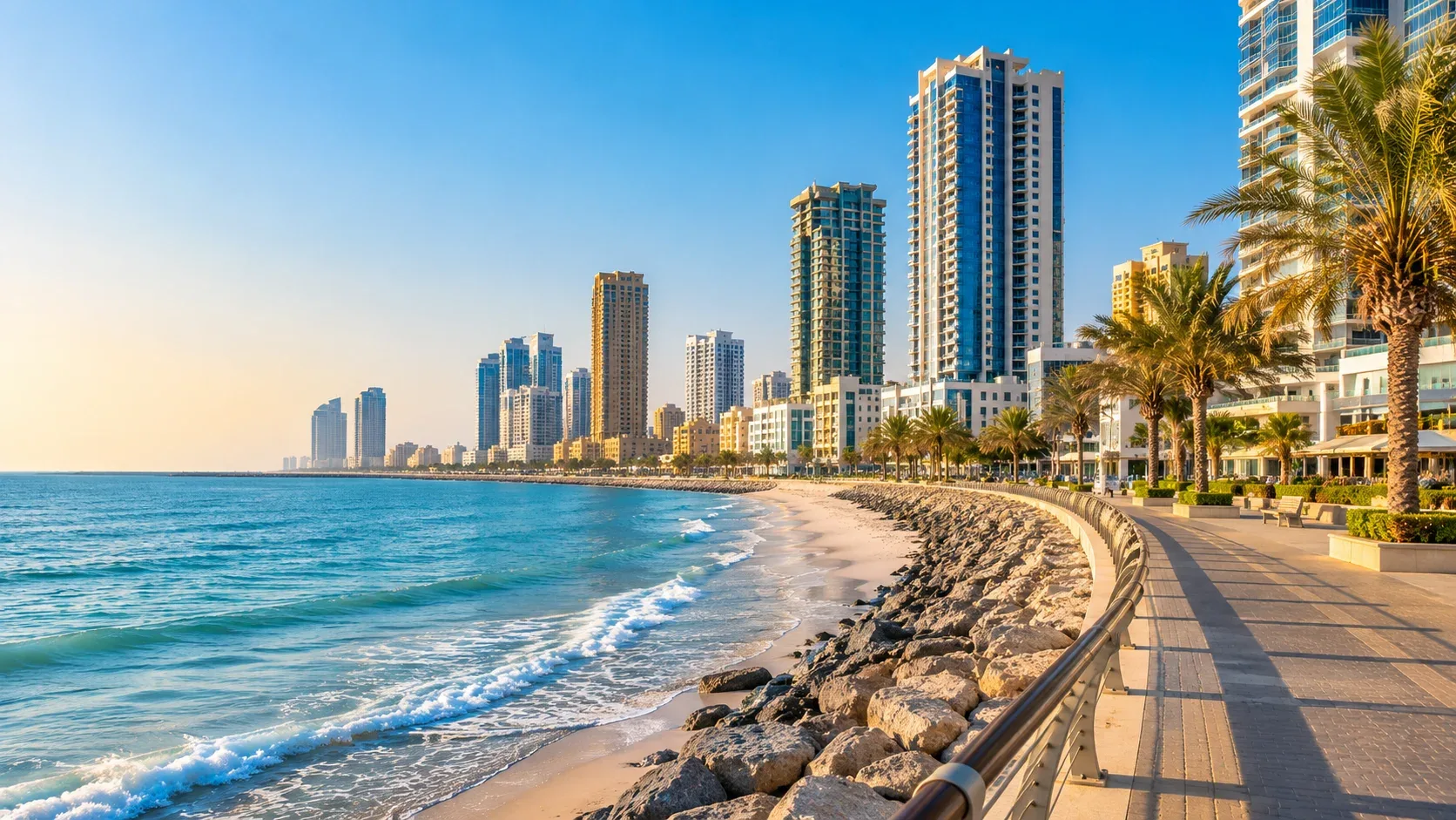 Ajman Corniche waterfront with Arabian Gulf coastline and palm trees
