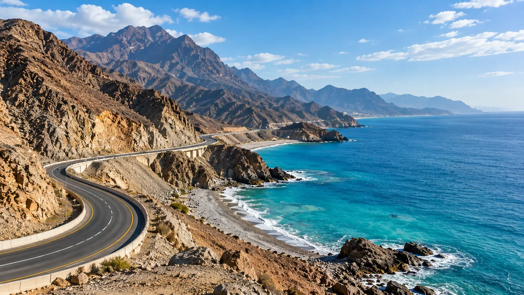 Scenic Fujairah East Coast Road Along the Arabian Sea and Mountains