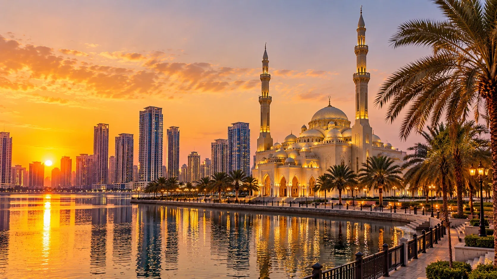 Sharjah waterfront and Al Noor Mosque at sunset