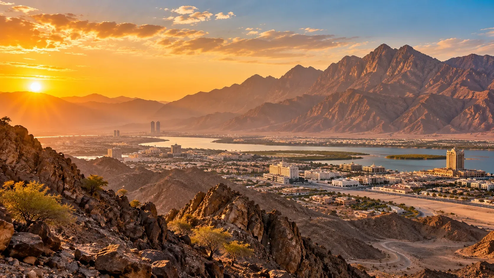 Ras Al Khaimah Hajar Mountains and city landscape during sunset