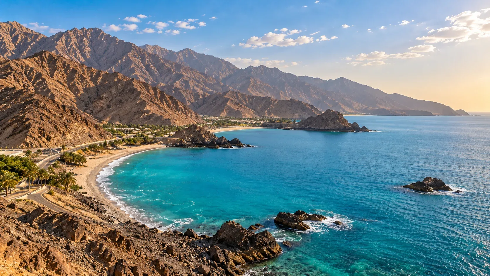 Fujairah coastline with Hajar Mountains and turquoise Arabian Sea