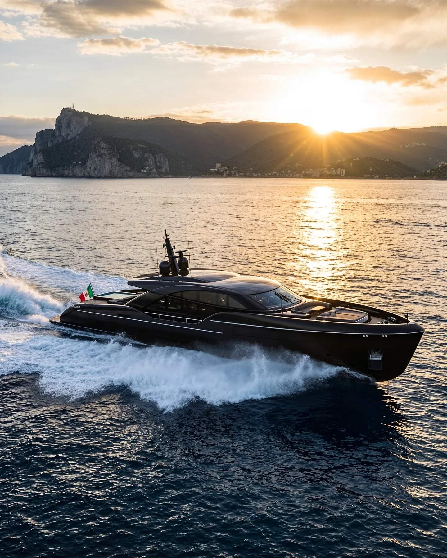 Black Boat Tours speedboat cruising across the sea at sunset