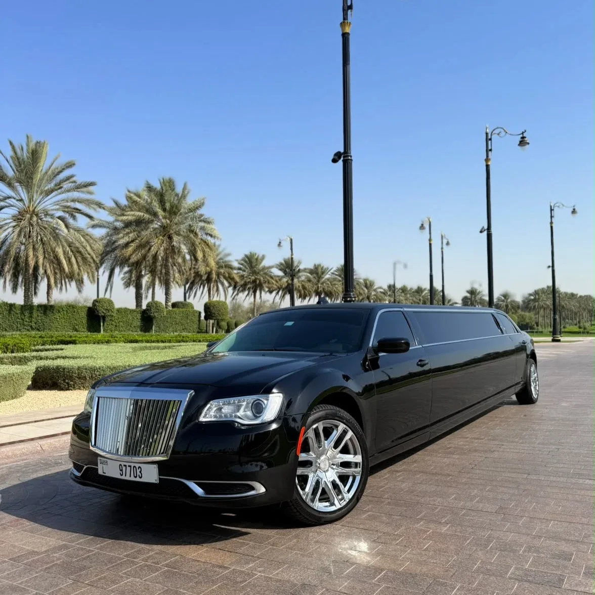 Luxury black stretch limousine with tinted windows in Dubai