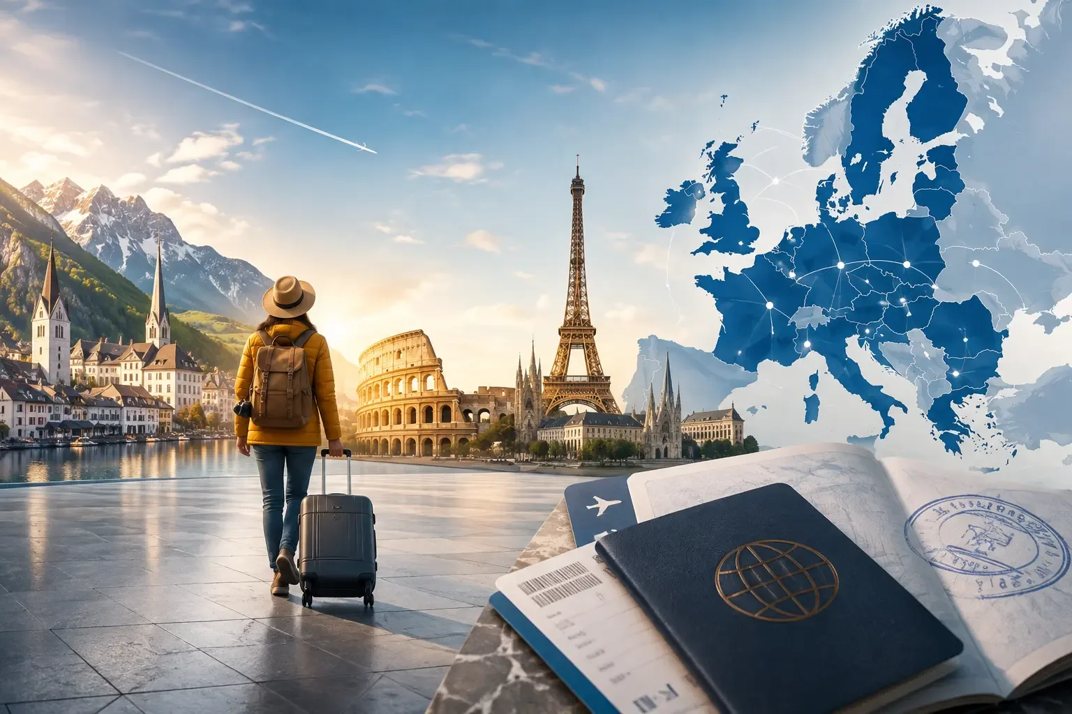 Schengen visa travel concept with European landmarks, traveler with suitcase, passport, boarding pass and Europe map representing travel across Schengen countries.