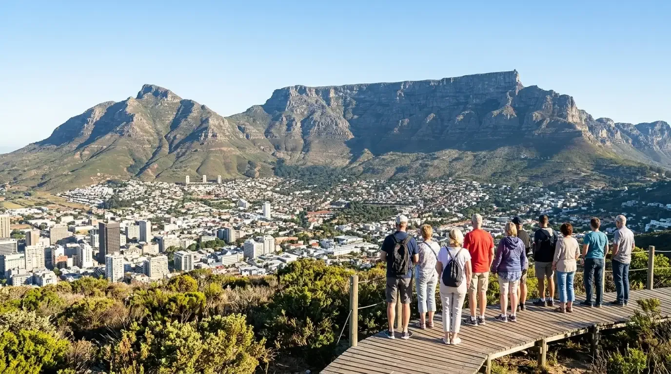 Tourists enjoying the panoramic city view of Cape Town and Table Mountain from a scenic overlook in South Africa.